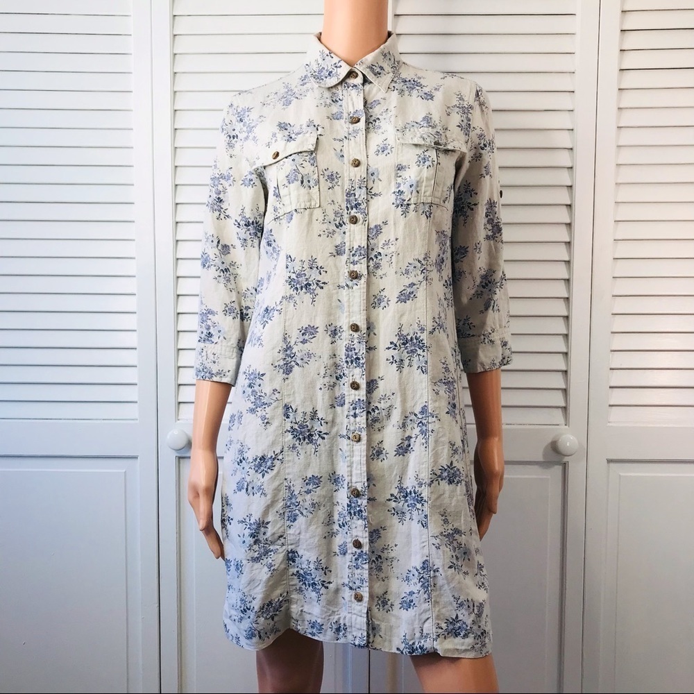 EDDIE BAUER Floral Linen 3/4 Sleeve Petite Shirt Dress Size Small